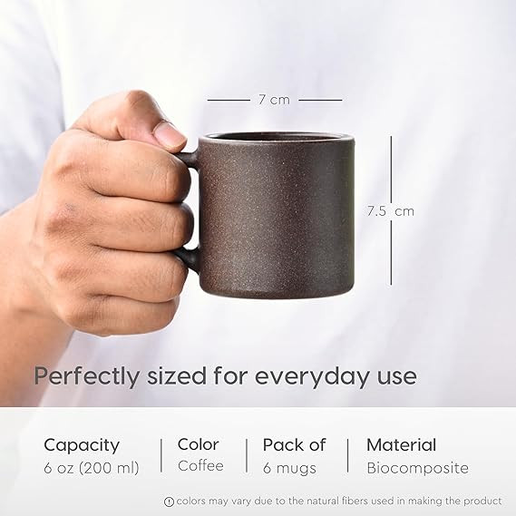 Eha Earth-Friendly Comfy Coffee Cup Set of 6 | 200 ml | Made with Rice Husk & Bamboo Fibers | Microwave Safe | for Hot & Cold Coffee Mug, Tea & Milk | Natural Matte Finish | Multicolor