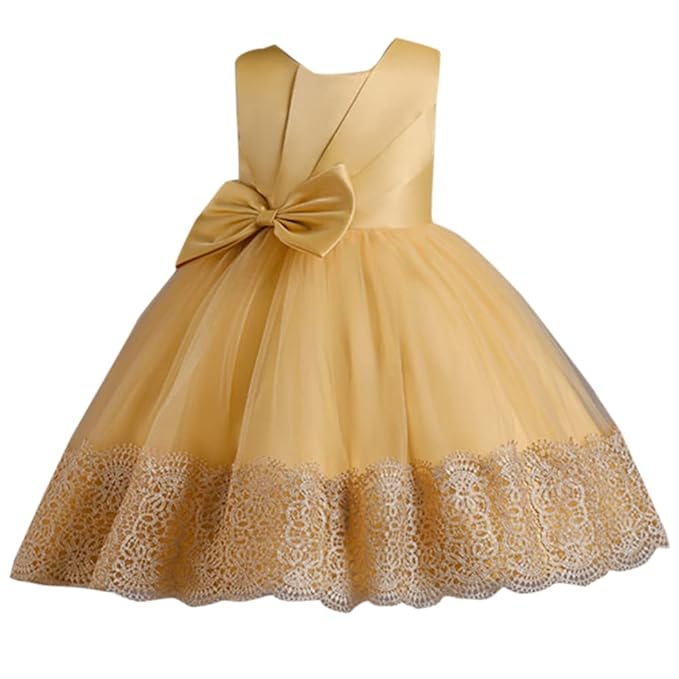 Hopscotch Girls Polyester Bow Applique Party Dress in Yellow Color