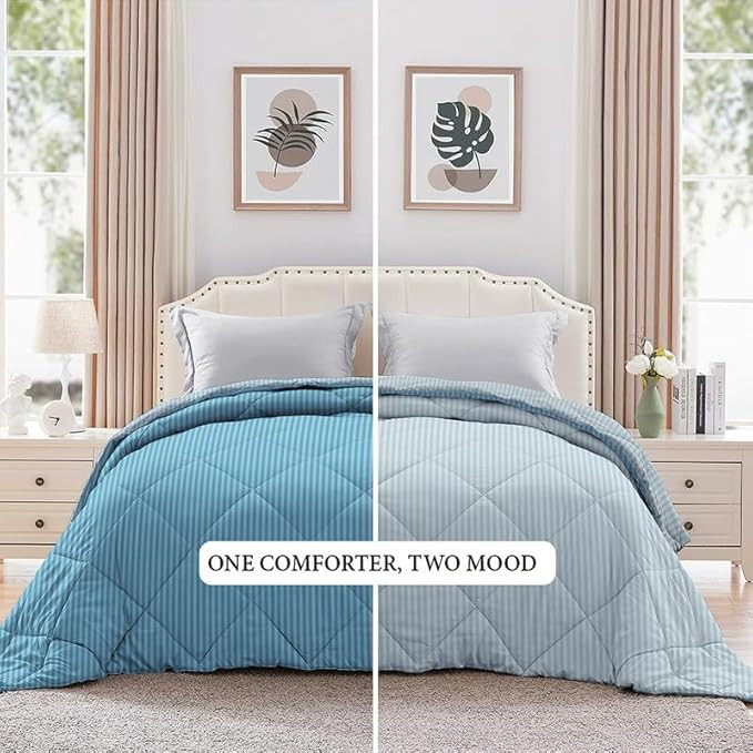 BSB HOME 220 GSM Microfiber Solid Satin Striped Comforter |Quit | Blanket Reversible Double Tone for Double Bed | Washable | Hypoallergenic Skin Friendly (90 x 100 Inch, Light Blue)