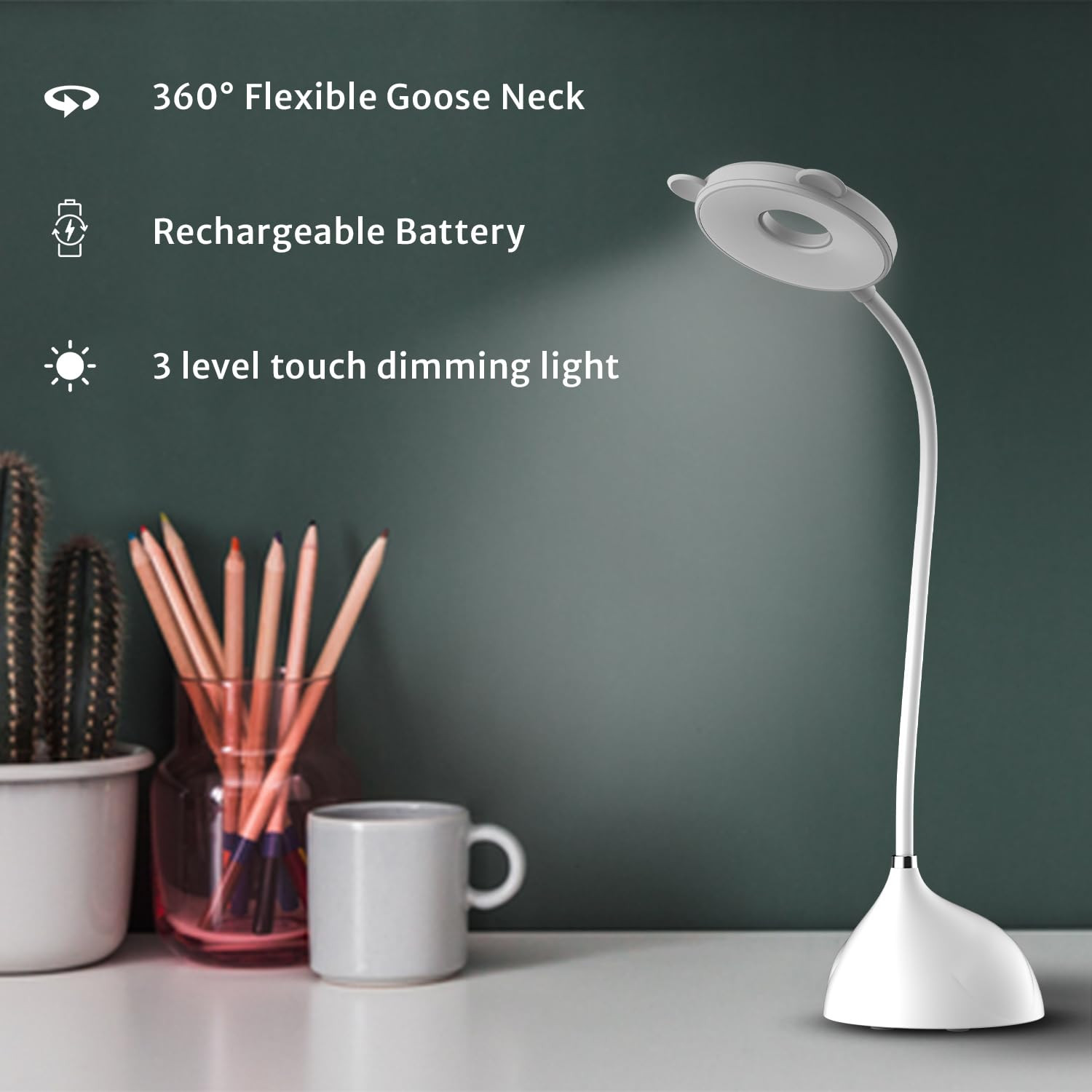 Pigeon Halo Rechargeable LED Reading Lamps with Flicker-Free USB Charging 3 Stage dimming, 10 Watt, 14714 (White, Medium)