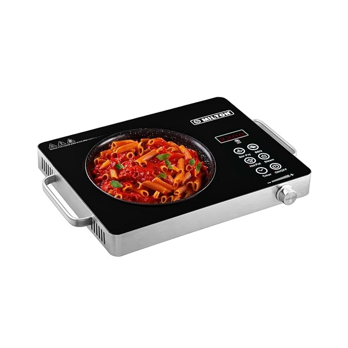 MILTON Classic 2200 Watt Infrared Cooktop with Crystal Glass & Touch Panel | 4 Pre set cooking Modes | Stir-fry | BBQ | Hot Pot | Steam | 60°C to 600°C | Digital time & Watt display - Classic SIlver