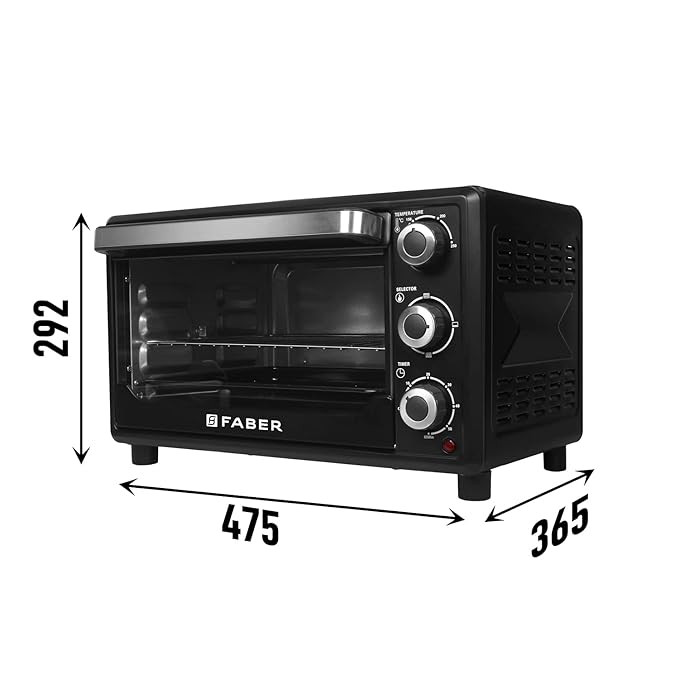 Faber 24L 1600W OTG | Bake, Toast, Roast, Grill | 4 Heating Functions, Upper & Lower Heating, Rottisserie, 360° Convection| Indicator Light, Auto Shut-Off, Ready Bell | Removable Crumb Tray | (Black)