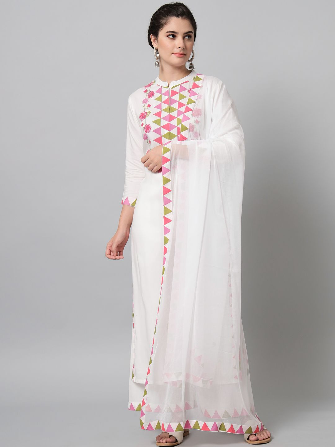 Pink triangle and flower printed kurta palazzo set
