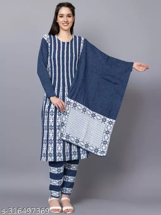 TYSORT Winter Woolen Anarkali Kurta Palazzo and Stole Set for Womens with Pocket
