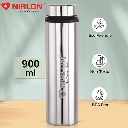 NIRLON Eco Lite Stainless Steel Water Bottle, 900ml, Silver|Leak Proof|Office Bottle|Gym Bottle|Home|Kitchen|Hiking|Treking Bottle|Travel Bottle|Set of 4