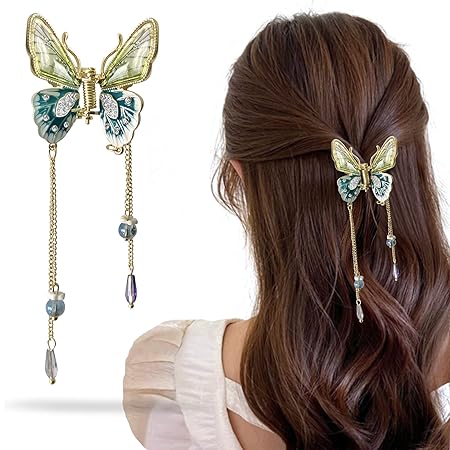 Sanas Hair Clips For Women's 1Pc Butterfly Hair Clip Women's Hair Accessories Stylish Hair Clips For Women's Rhinestone Tassel Clips Cute Hair Clips Fancy Hair Clips For Women1Pc, White
