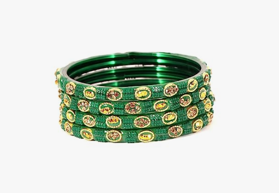 Traditional silver polish green colour stone craft Bangle set
