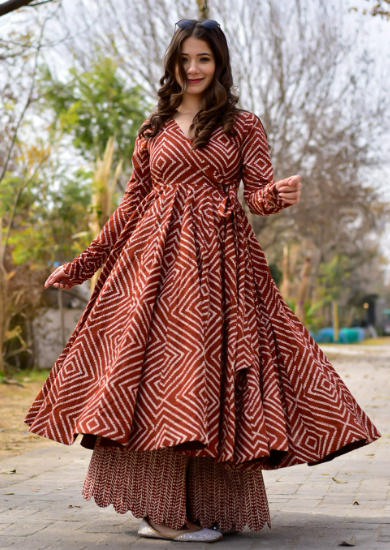 Womens Maroon Cotton silk Kurta set with Palazzo