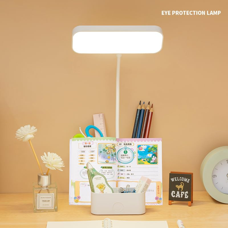 Mogadget Plastic Led Desk Lamp, Rechargeable Study Lamp With Pen And Phone Holder, Touch Table Lamp With Usb Charging, 3 Color Modes Lamp With Eye Care, Flexible Gooseneck Lamp, Reading Lamp, White