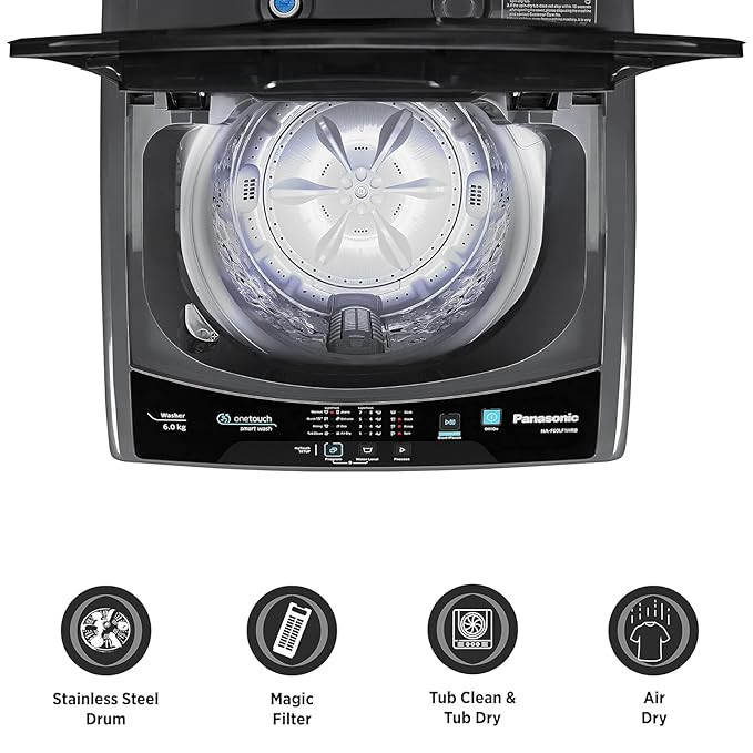 Panasonic 6 Kg 4 Star Fully-Automatic Top Load Washing Machine ( NA-F60LF1HRB, Grey, Durable Metal Body, 8 Wash Program, Aquabeat wash technology, One touch smart wash)