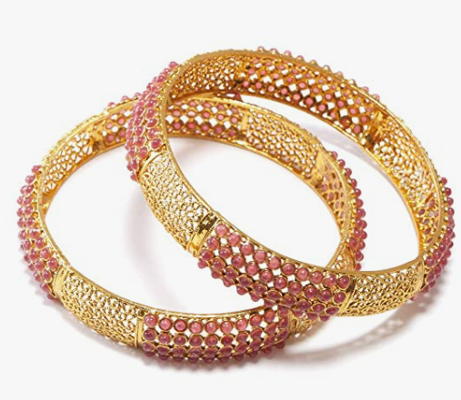 Rose gold-Plated white  Stone Studded with moti Bangles set