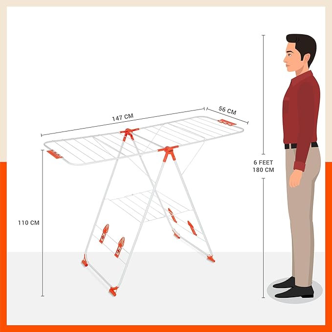 Bathla Foldable Clothes Drying Stand - Neo | 26 Drying Rails - 45 Feet Drying Length | Lightweight, Alloy Steel | Bright Orange | 2 Year Warranty