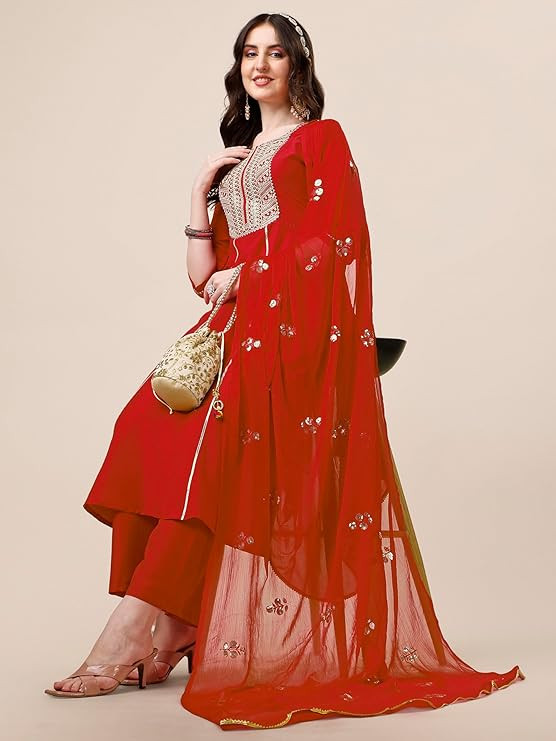 EthnicJunction Women's Silk Embroidered  Thread Work Chinon A-Line Kurta Pant With Dupatta