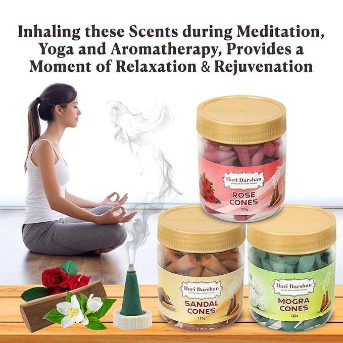 Hari Darshan Dhoop Cones Combo Pack of 3 Fragrance | Sandal | Mogra | Rose - 125g Each | Organic Dry Dhoop, Long Lasting Fragrance for Daily Pooja,Meditation and Yoga