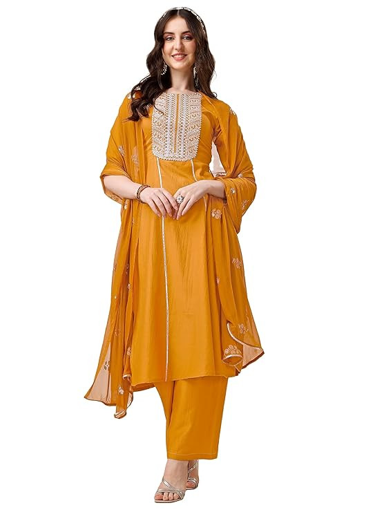 EthnicJunction Women's Silk Embroidered  Thread Work Chinon A-Line Kurta Pant With Dupatta