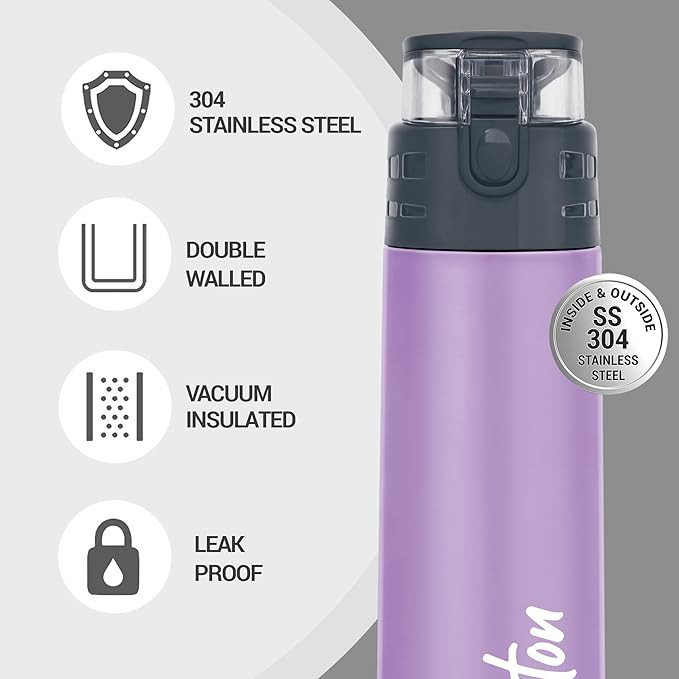MILTON Atlantis 600 Thermosteel Insulated Bottle, 500 ml Water Bottles, 24 Hours Hot and Cold, Easy to Carry, Easy Grip, Rust Proof, Tea, Coffee, Office, Travel Bottle, Purple