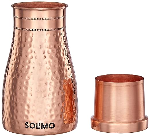 Amazon Brand - Solimo Copper Water Bottle | Bedside Bottle with Glass | Hammered Finish |1000 ml