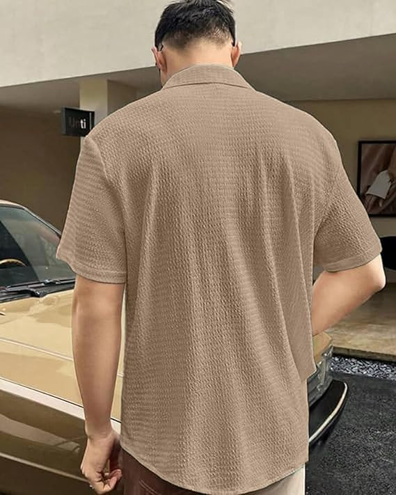 IndoPrimo Men's Regular Fit Self Design Spread Collar Casual Half Sleeve Shirt - Pop