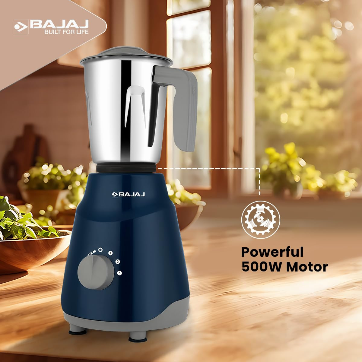 Bajaj GX1 Ninja Series 500W Mixer Grinder With 3 Jars(Stainless Steel Jars) | Superior Mixie For Kitchen | Durable Mixer Grinder | DuraCut Blades | 2 Yrs Warranty 【Blue】