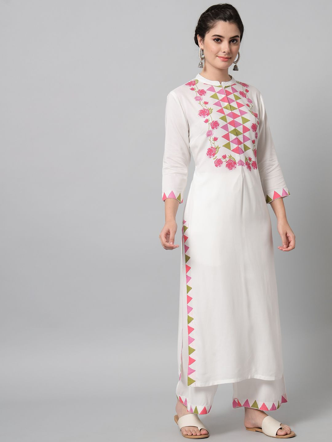 Pink triangle and flower printed kurta palazzo set